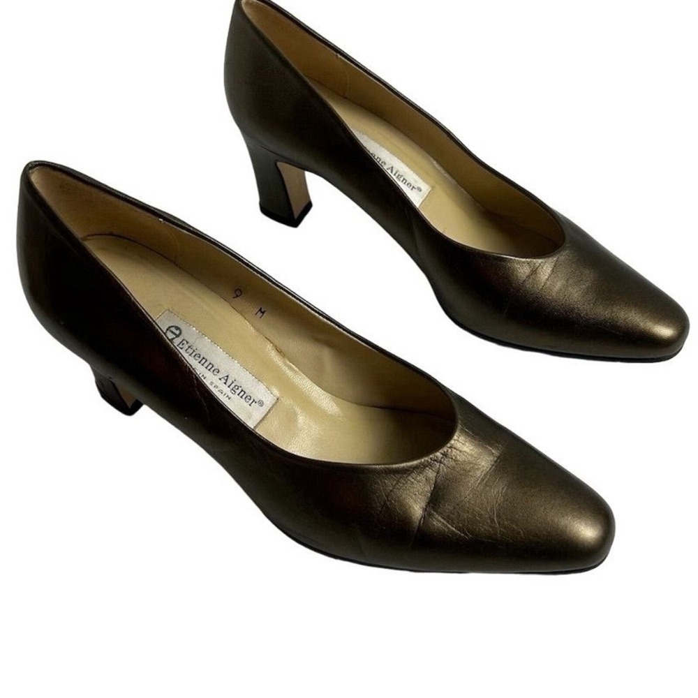 Etienne Aigner Women's Vintage Metallic Green Brown Leather Pumps Size 9